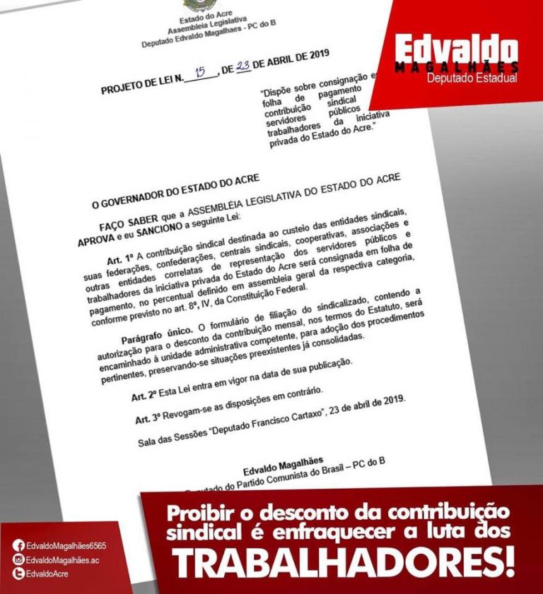 Edvaldo Magalhães apresenta PL que garante o desconto em folha da contribuição sindical