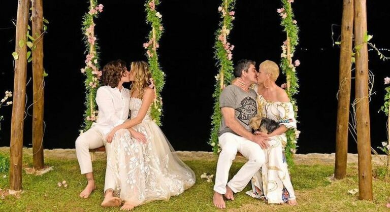 Sasha e Xuxa combinam pose beijando respectivos companheiros