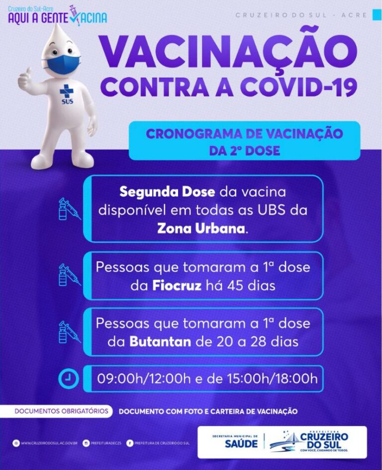 Cruzeiro do Sul prioriza segunda dose de vacina contra Covid nesta semana; prefeitura reservou 1.700 doses de imunizante 
