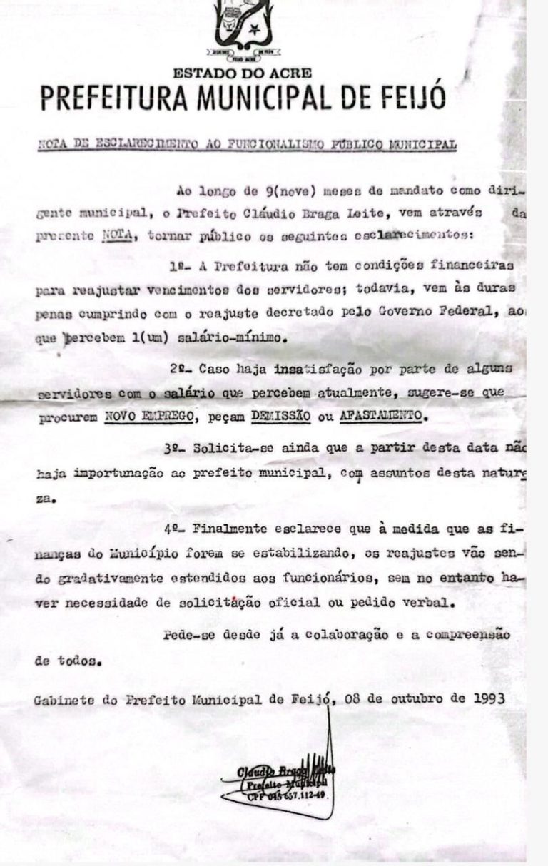 “Quem não estiver satisfeito procure um novo emprego, peça demissão ou afastamento “, diz Claudio Braga aos servidores de Feijó em 1993; gestor chegou atrasar salários  durante  9 meses consecutivos 