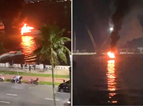 embarcacao-com-2-pessoas-pega-fogo-no-mar-de-santos,-litoral-de-sp