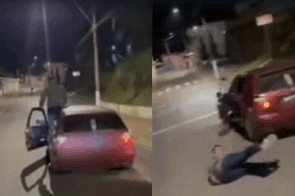 motorista-sobe-em-carro-em-movimento,-cai-e-veiculo-atinge-casa.-veja