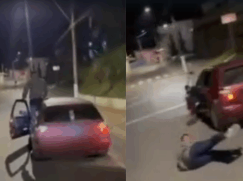 motorista-sobe-em-carro-em-movimento,-cai-e-veiculo-atinge-casa.-veja