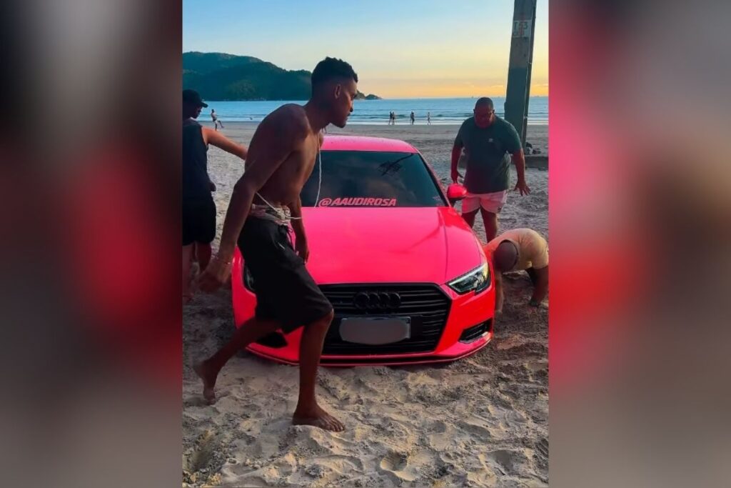 “perrengue-chique”:-ideia-de-foto-termina-com-carro-atolado-na-praia