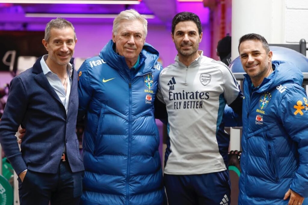 antes-de-treino-da-selcao,-ancelotti-encontra-tecnico-do-arsenal