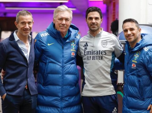 antes-de-treino-da-selcao,-ancelotti-encontra-tecnico-do-arsenal