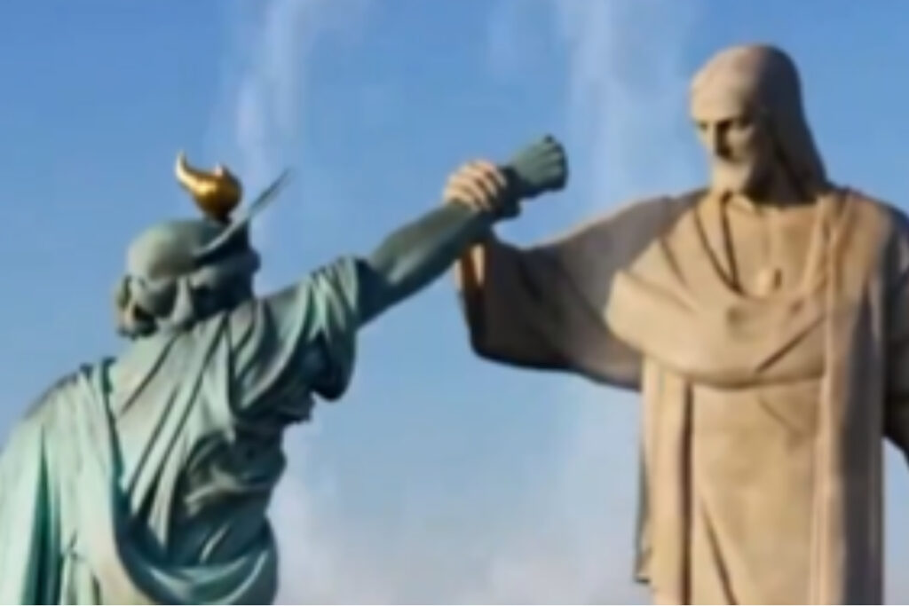 propaganda-do-ira-mostra-luta-entre-cristo-redentor-e-estatua-da-liberdade