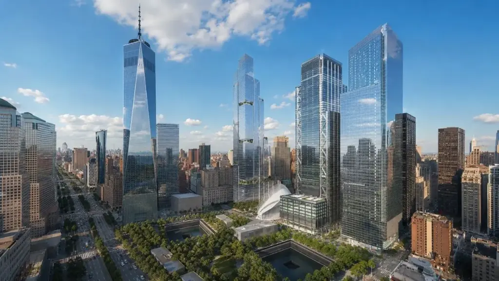 2 World Trade Center começa a ser construído em Nova York após anos de espera, terá 373,7 metros, 55 andares, quase 186 mil m², jardins suspensos e espaço para 10 mil funcionários, completando a reconstrução comercial do complexo e mudando o horizonte de Manhattan até 2031