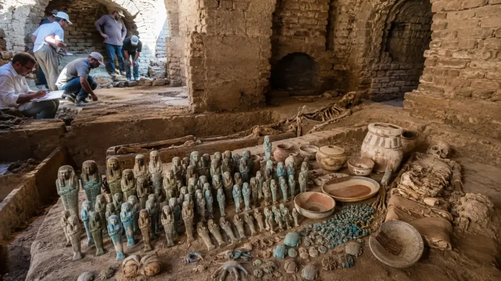 Arqueólogos abrem câmaras funerárias no Egito e encontram 560 estatuetas, dezenas de sepultamentos, resíduos de mumificação e cerâmicas trazidas da ilha de Rodes