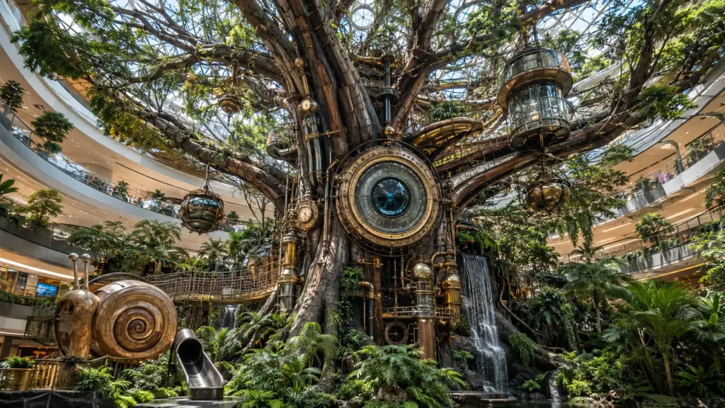 Árvore gigante de 20 metros “invade” shopping na China e transforma quatro andares em floresta tecnológica de 4 mil m²
