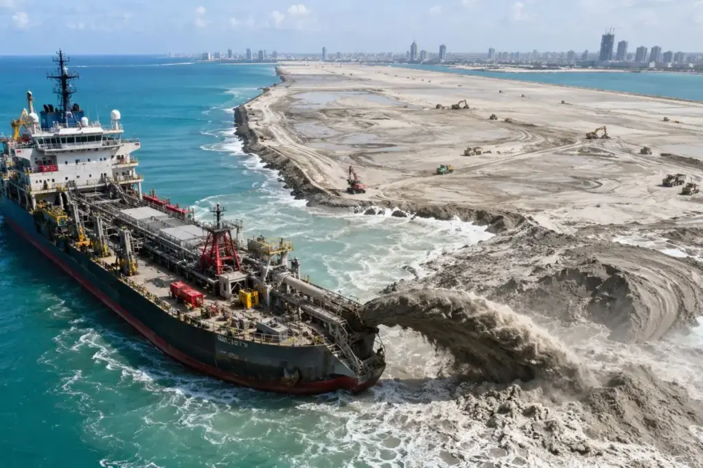 A China dragou 65 milhões de metros cúbicos de areia para fazer nascer do mar uma cidade de 269 hectares, o equivalente a 600 campos de futebol, na costa do Sri Lanka