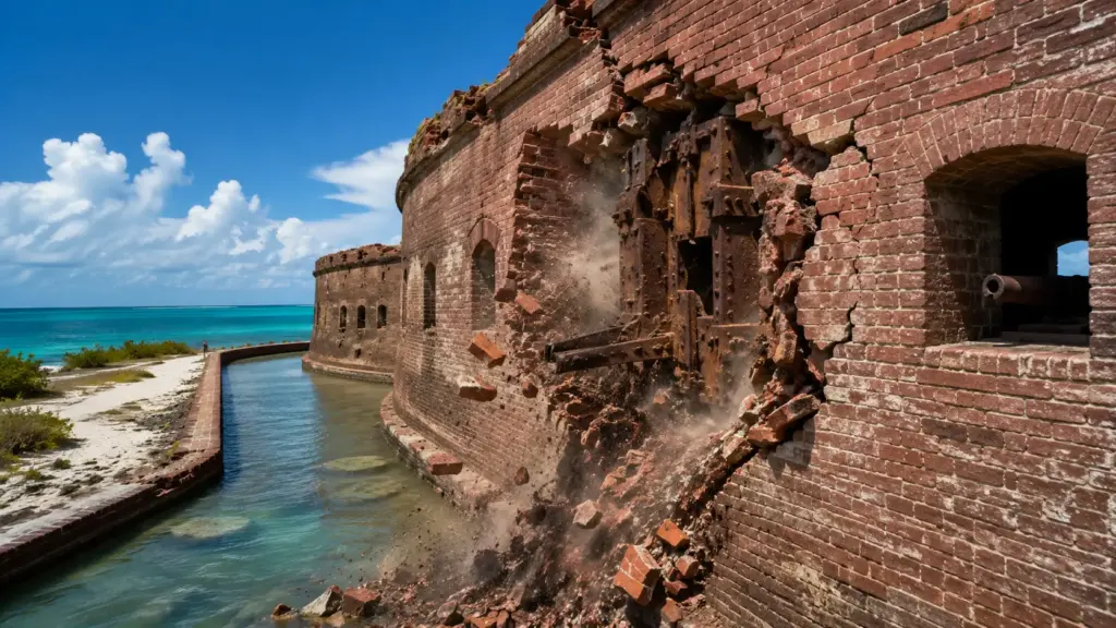 Fortaleza de tijolos construída numa ilha remota da Flórida entre 1845 e 1876 começa a se romper por dentro quando antigas portas de ferro enferrujam, aumentam de volume e empurram paredes inteiras para o fosso Fortaleza de tijolos construída numa ilha remota da Flórida entre 1845 e 1876 começa a se romper por dentro quando antigas portas de ferro enferrujam, aumentam de volume e empurram paredes inteiras para o fosso