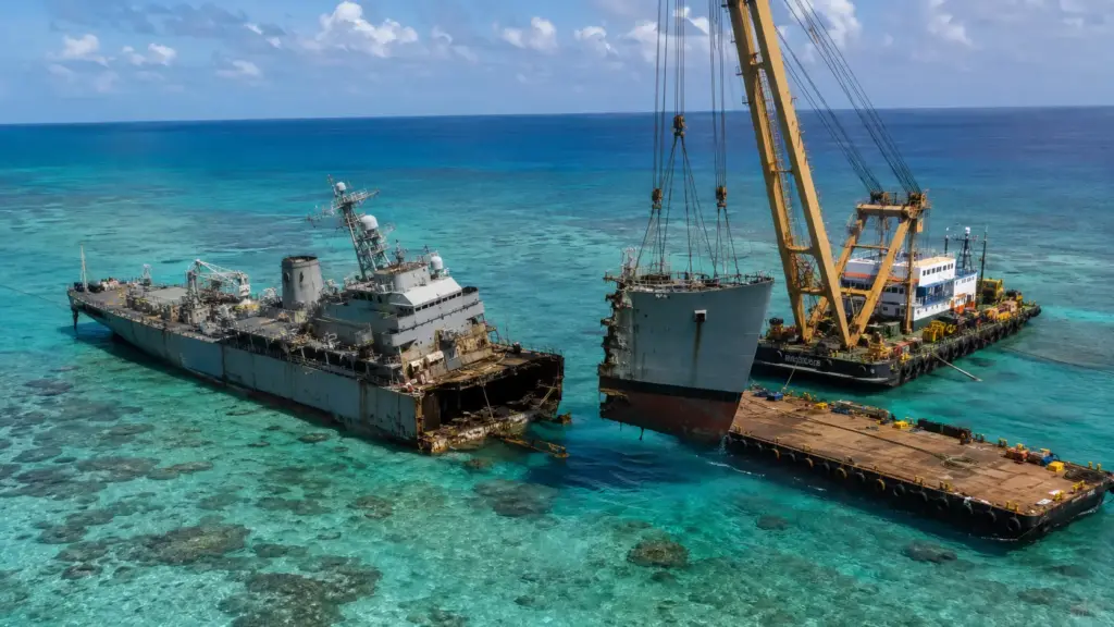 Para impedir que um navio encalhado destruísse ainda mais um recife protegido nas Filipinas, Marinha dos EUA retirou 15.000 galões de combustível, cortou o casco em grandes blocos e içou uma seção de cerca de 250 toneladas