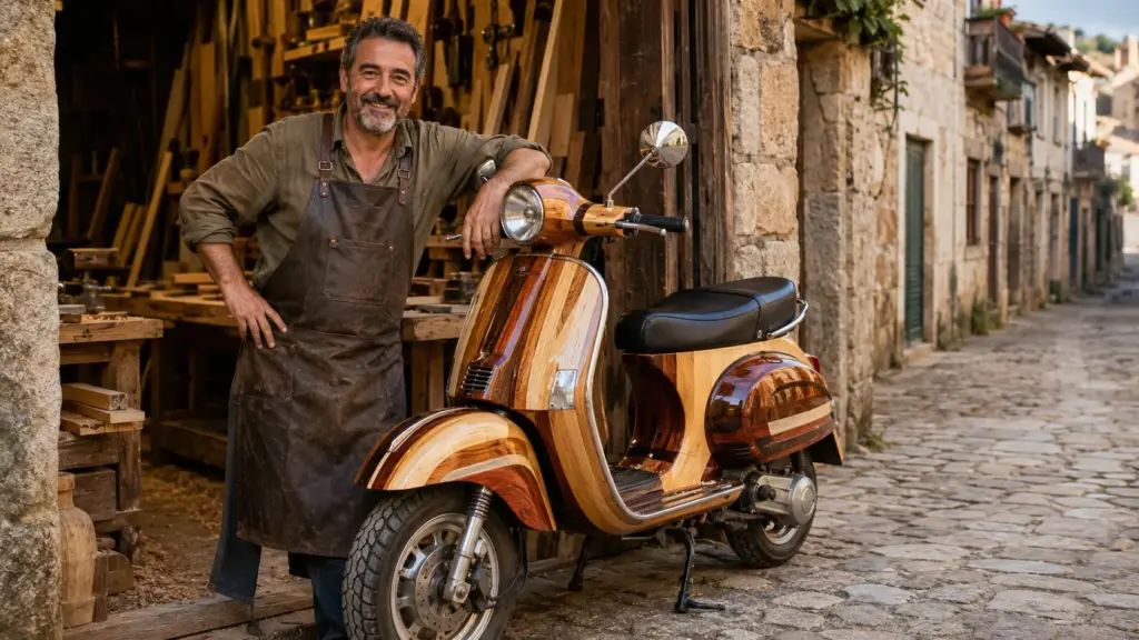 Acostumado a fabricar móveis e escadas, carpinteiro português curva e cola 10 tipos de madeira, preserva motor de 5 cv e põe nas ruas a Vespa Daniela com velocidade declarada próxima de 75 km/h
