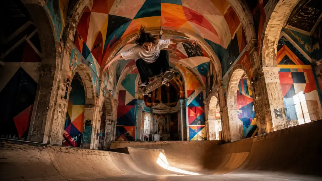 Igreja construída em 1912 fica abandonada na Espanha, perde os bancos, recebe uma enorme pista de skate e tem paredes e teto cobertos por murais geométricos multicoloridos