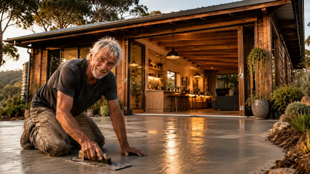 Quase aos 70 anos, australiano assume grande parte da construção de uma casa acessível de 84 m², elimina escadas, deixa a madeira aparente e cria ambientes amplos com piso de concreto polido