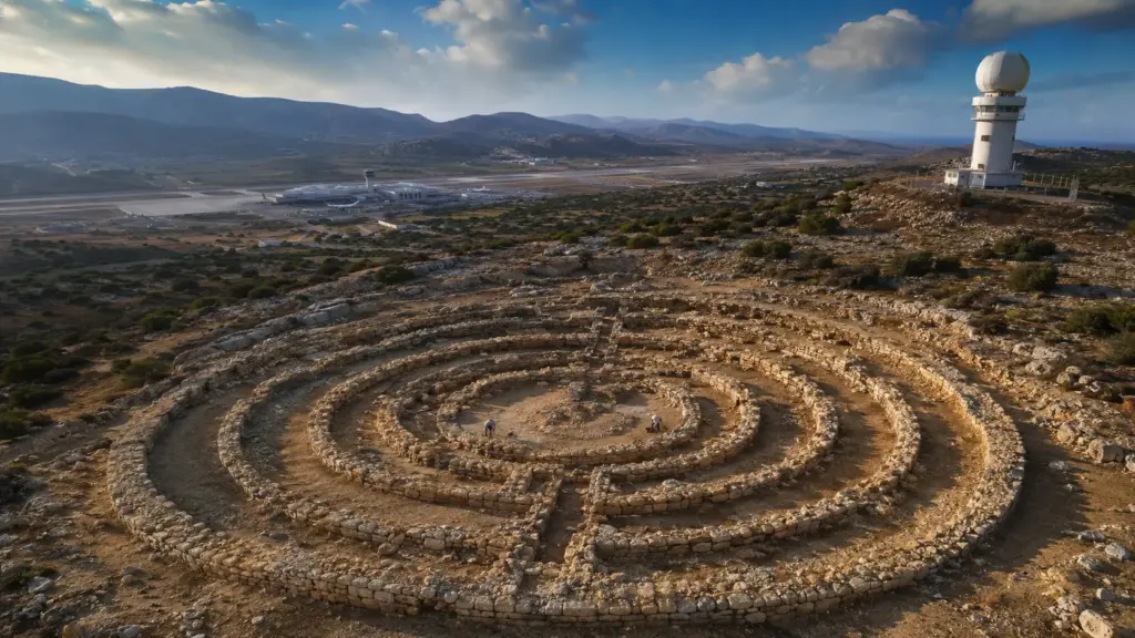 Quando a Grécia escolheu uma colina para receber o radar de um novo aeroporto, arqueólogos encontraram uma construção de 4 mil anos, com 1.800 metros quadrados, oito paredes circulares e função ainda desconhecida