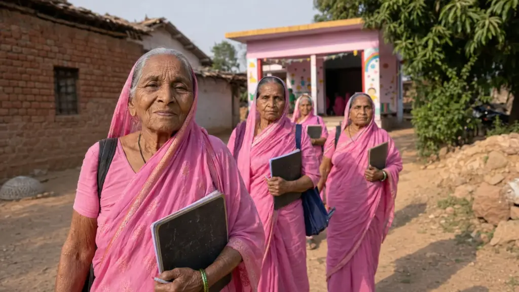 Sem nunca terem frequentado uma escola quando crianças, cerca de 30 avós indianas de até 90 anos ganharam uniformes rosa, mochilas, lousas e cadernos para aprender o alfabeto, os números e a própria assinatura