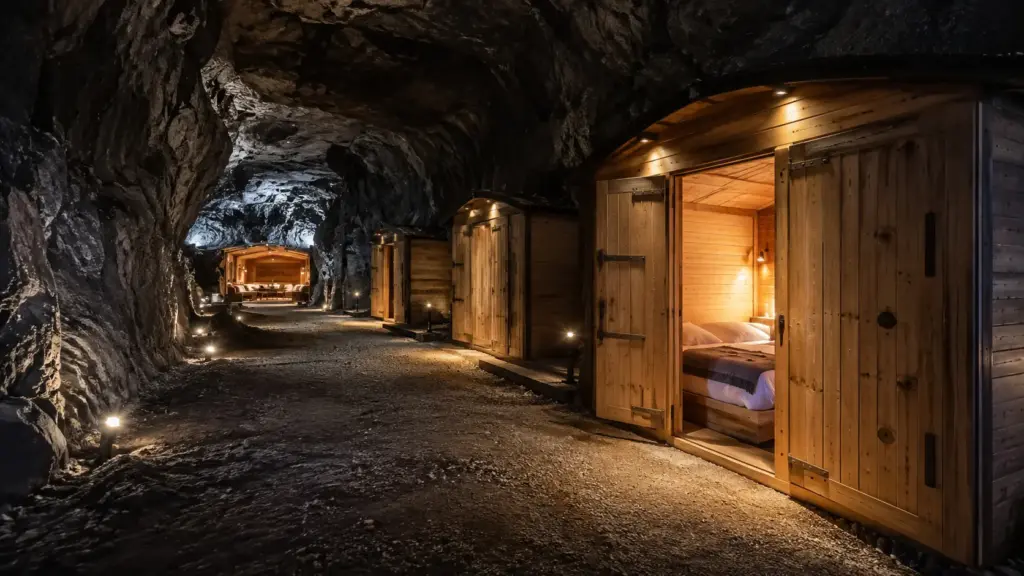 Para dormir a cerca de 419 metros sob uma montanha no País de Gales, hóspedes vestem capacetes, atravessam túneis de uma antiga mina de ardósia e chegam a quatro cabanas e uma gruta iluminada no fundo da terra