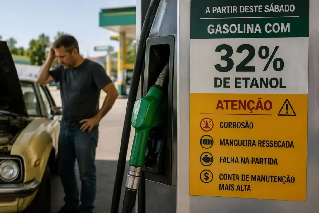 A gasolina que sai da bomba a partir deste sábado, 1º de agosto, tem 32% de etanol, e quem tem carro antigo ou não flex pode enfrentar corrosão, mangueira ressecada, falha na partida e conta de manutenção mais alta A gasolina que sai da bomba a partir deste sábado, 1º de agosto, tem 32% de etanol, e quem tem carro antigo ou não flex pode enfrentar corrosão, mangueira ressecada, falha na partida e conta de manutenção mais alta
