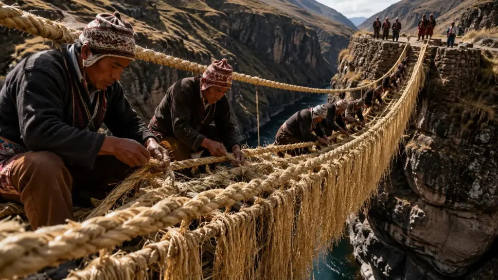Sem aço, concreto ou cabos industriais, quatro comunidades do Peru transformam capim em cordas gigantes durante três dias e reconstroem todos os anos uma ponte inca sobre um desfiladeiro