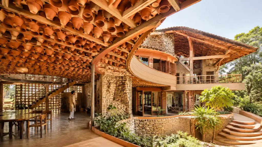 Inconformada com construções caras e pouco adaptadas ao calor, arquiteta indiana usou panelas de barro, peças de terracota, madeira recuperada, pedra e terra para criar uma casa de 220 m² com quatro tipos de cobertura e tetos que ajudam o ar a circular