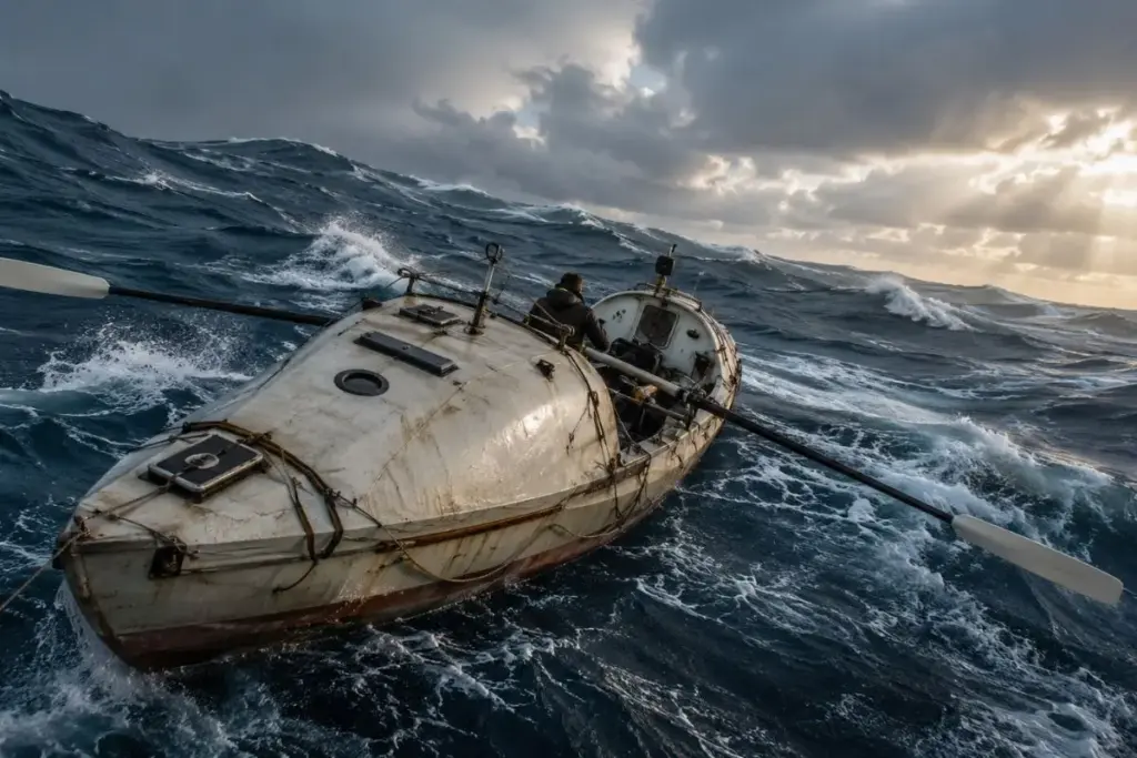 Amyr Klink atravessou sozinho o Atlântico Sul num pequeno barco a remo, encarou 100 dias no mar entre tempestades e correntes, sem bússola, guiado por um sextante, e virou a primeira pessoa do mundo a cruzar esse oceano a remo, da Namíbia à Bahia