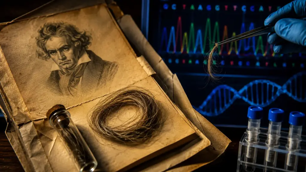 Cabelos atribuídos a Beethoven passam por sequenciamento genético e revelam risco de doença no fígado, hepatite B e segredo familiar, mas uma das mechas mais famosas guardadas por quase 200 anos nem era dele e pertencia a uma mulher
