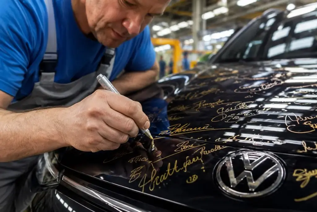 Antes de escolher entre indenização, aposentadoria antecipada ou mudar de cidade, os 230 funcionários da fábrica de vidro da Volkswagen em Dresden assinaram a caneta o último carro que montaram, no primeiro fechamento de fábrica da marca em solo alemão