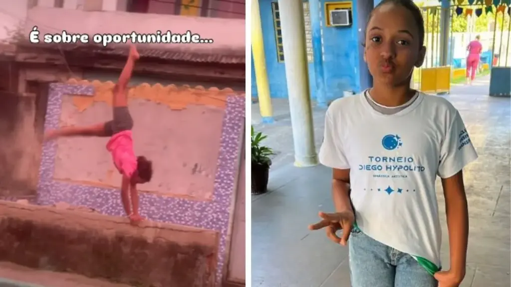 Aos 11 anos, mini ginasta de Belford Roxo treina em um pequeno muro de concreto diante de uma casa inacabada, viraliza com mais de 17 milhões de visualizações e chama a atenção dos irmãos Hypólito, transformando uma rotina sem equipamentos profissionais em oportunidade real dentro de um instituto que incentiva crianças