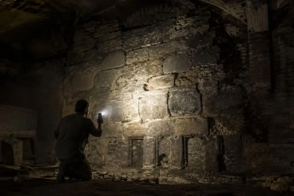 Arqueólogo do Time Team desceu ao subsolo do tribunal de Chester, apontou a lanterna do celular para a parede e encontrou um muro medieval de quase 3 metros de altura e cerca de 800 anos escondido ali