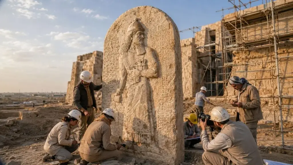 Arqueólogos restauram o Portão de Shamash em Nínive e encontram estela assíria de 2 metros esculpida em mármore há cerca de 2.600 anos, com relevo do rei Assurbanípal e inscrições cuneiformes, descoberta rara que ajuda a revelar obras realizadas nas últimas décadas do Império Neoassírio no atual Iraque