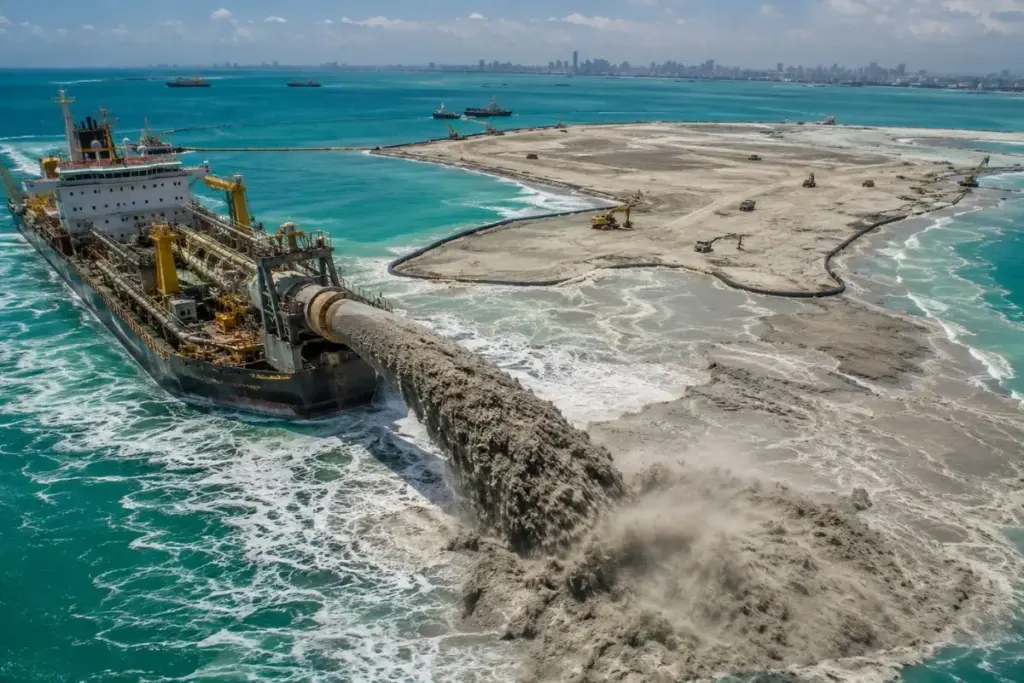 As Filipinas despejam concreto e areia para erguer 130 hectares de nova cidade sobre a Baía de Manila, dentro de uma corrida de 22 aterros que somam 6.166 hectares roubados do mar As Filipinas despejam concreto e areia para erguer 130 hectares de nova cidade sobre a Baía de Manila, dentro de uma corrida de 22 aterros que somam 6.166 hectares roubados do mar