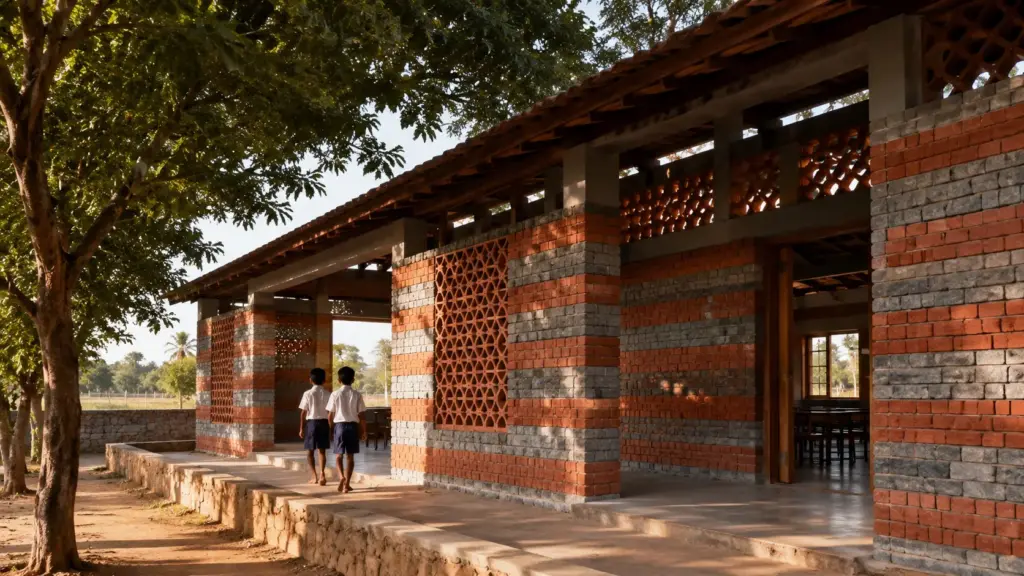 Escola rural da Índia de 5,1 mil metros quadrados alterna tijolos vermelhos com peças cinzentas feitas de resíduo industrial, abre as paredes para expulsar o ar quente e transforma uma técnica antiga em solução para salas mais frescas
