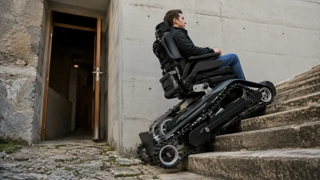 Cansados de ver escadas impedirem a passagem de cadeirantes, nove estudantes suíços passaram dez meses criando uma cadeira de rodas com esteiras, rodas e equilíbrio automático, mas descobriram que abrir portas e cruzar pisos irregulares era ainda mais difícil Cansados de ver escadas impedirem a passagem de cadeirantes, nove estudantes suíços passaram dez meses criando uma cadeira de rodas com esteiras, rodas e equilíbrio automático, mas descobriram que abrir portas e cruzar pisos irregulares era ainda mais difícil