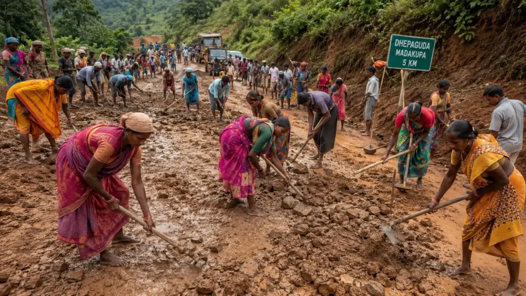 Cansados de esperar pelo poder público, mais de 100 moradores, a maioria mulheres, pegaram ferramentas e recuperaram 5 quilômetros de estrada na Índia para ambulâncias, estudantes e famílias voltarem a circular Cansados de esperar pelo poder público, mais de 100 moradores, a maioria mulheres, pegaram ferramentas e recuperaram 5 quilômetros de estrada na Índia para ambulâncias, estudantes e famílias voltarem a circular