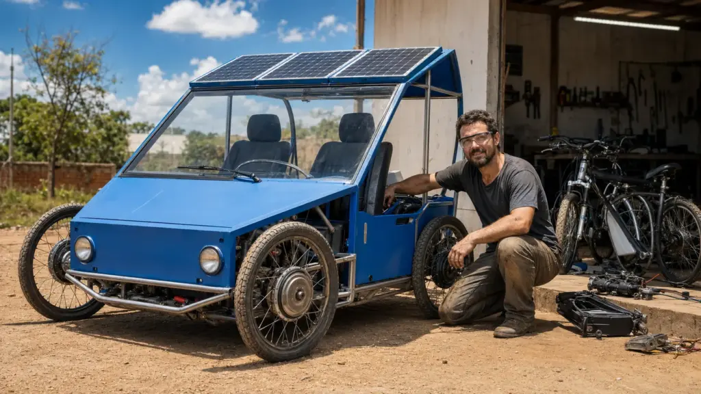 Duas bicicletas elétricas são desmontadas, quatro motores de 1.000 W vão para um chassi tubular e viram carro solar de dois lugares com tração integral e velocidade próxima de 48 km/h