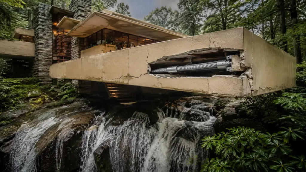 Casa construída sobre uma cachoeira começa a ceder após décadas, abre rachaduras nos terraços e obriga engenheiros a esconder cabos de aço dentro da estrutura para evitar um possível desabamento
