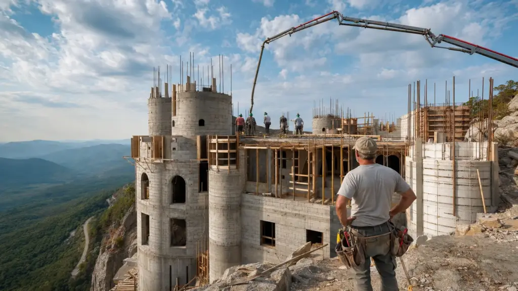 Sem nunca ter projetado ou construído uma casa, programador passa 25 temporadas erguendo castelo de 697 m² sobre granito, a cerca de 183 metros acima do vale, e planeja fornecer energia ao imóvel com sol, vento, baterias e geotermia
