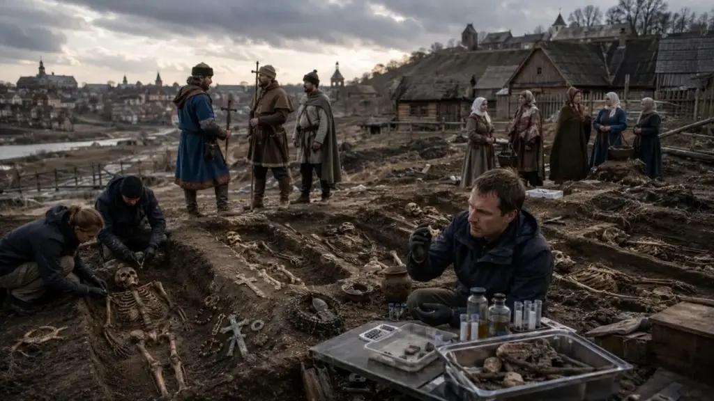 Cemitério medieval revela que homens cristãos migraram centenas de quilômetros até Vilnius enquanto a Lituânia ainda era o último Estado pagão da Europa, e análises químicas dos restos mortais indicam origens na atual Ucrânia e Polônia, além de casamentos interétnicos com mulheres locais