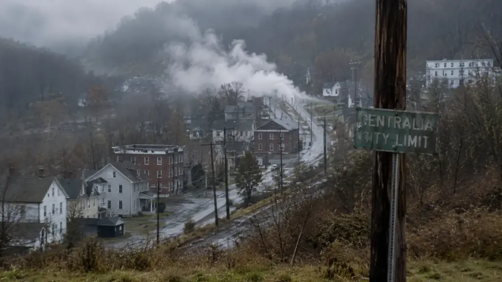 Centralia virou cidade fantasma após incêndio atingir minas de carvão em 1962, expulsar moradores e continuar queimando sob as ruas dos Estados Unidos Centralia virou cidade fantasma após incêndio atingir minas de carvão em 1962, expulsar moradores e continuar queimando sob as ruas dos Estados Unidos