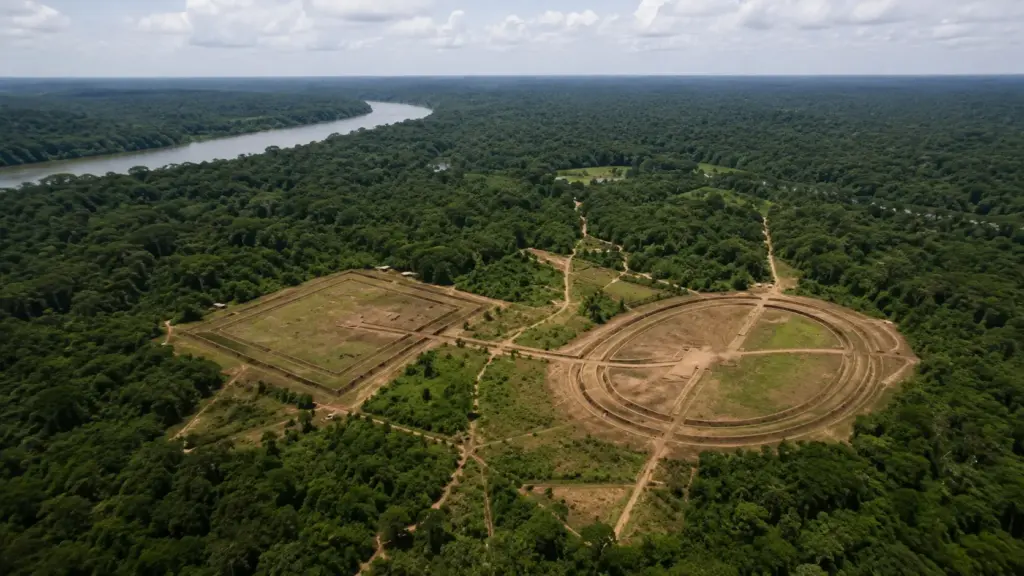 Círculos gigantes, quadrados quase perfeitos e estradas retas surgem sob a Amazônia e revelam obras monumentais construídas por antigos povos indígenas no Acre Círculos gigantes, quadrados quase perfeitos e estradas retas surgem sob a Amazônia e revelam obras monumentais construídas por antigos povos indígenas no Acre
