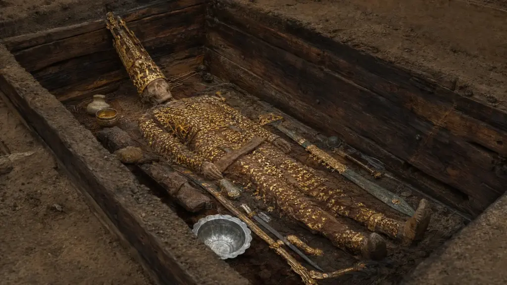 Adolescente de 17 anos foi enterrado há cerca de 2.500 anos com mais de 4 mil peças de ouro, mas análise do DNA do Homem Dourado revelou indícios de que famílias da elite cita transmitiam poder e prestígio entre gerações e controlavam territórios e recursos