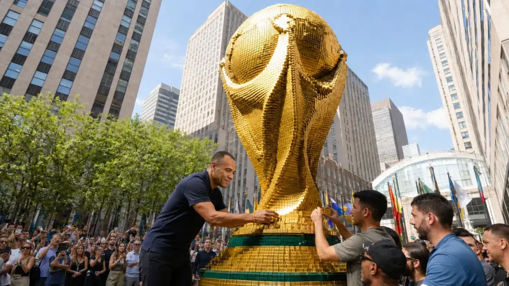 Lego leva a brincadeira a outro nível, reúne 59 especialistas e usa 1,36 milhão de peças durante 7.040 horas para construir um troféu da Copa com 8,47 metros, sustentado por toneladas de aço, transportado em 16 grandes partes até Nova York e finalizado com a participação do bicampeão mundial Cafu diante dos torcedores no Rockefeller Plaza Lego leva a brincadeira a outro nível, reúne 59 especialistas e usa 1,36 milhão de peças durante 7.040 horas para construir um troféu da Copa com 8,47 metros, sustentado por toneladas de aço, transportado em 16 grandes partes até Nova York e finalizado com a participação do bicampeão mundial Cafu diante dos torcedores no Rockefeller Plaza