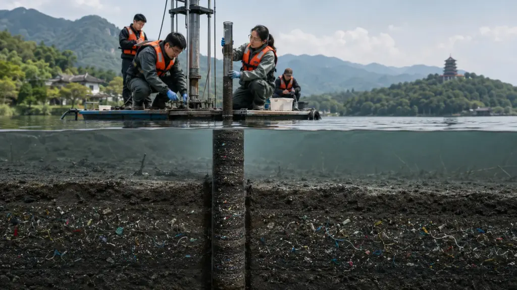 Cientistas perfuram lago na China e descobrem mais de 50 anos de microplásticos enterrados na lama, revelando como fibras e partículas invisíveis acompanham a humanidade desde o início da era do plástico moderno