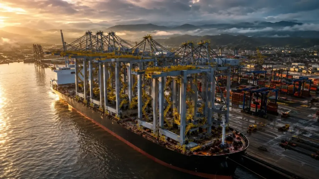 Com 156 toneladas cada, os últimos sete guindastes elétricos gigantes desembarcaram nesta semana em Navegantes e completaram os 14 equipamentos que reforçam uma modernização de mais de R$ 2 bilhões no porto de SC, que vai dobrar sua capacidade de contêineres