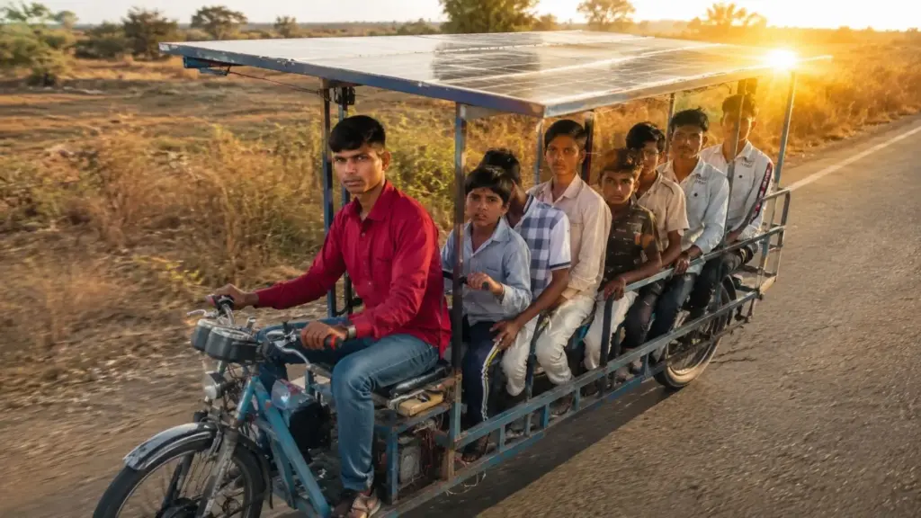 Com poucos trocados e uma pilha de ferro-velho, jovem de 22 anos construiu um veículo solar de sete lugares que, segundo ele, roda mais de 200 km só com a luz do sol Com poucos trocados e uma pilha de ferro-velho, jovem de 22 anos construiu um veículo solar de sete lugares que, segundo ele, roda mais de 200 km só com a luz do sol