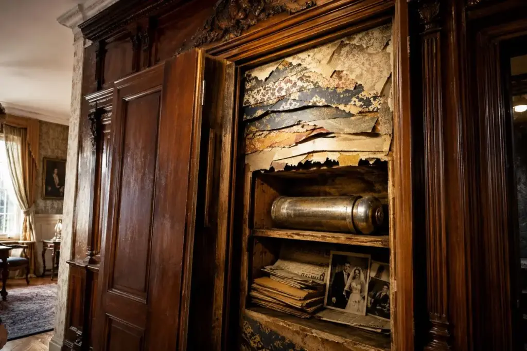 Comprando às cegas uma casa vitoriana de 125 anos na Pensilvânia, um jovem casal encontrou na reforma uma cápsula do tempo selada na estrutura, fotos de casamento, jornais antigos, sete camadas de papel de parede e um cutelo pendurado no porão