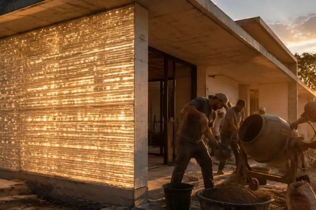 Concreto que deixa a luz atravessar a parede pode chegar às fachadas brutalistas brasileiras, o bloco leva 95% de cimento e 5% de fibras óticas e conduz claridade por até 20 metros Concreto que deixa a luz atravessar a parede pode chegar às fachadas brutalistas brasileiras, o bloco leva 95% de cimento e 5% de fibras óticas e conduz claridade por até 20 metros