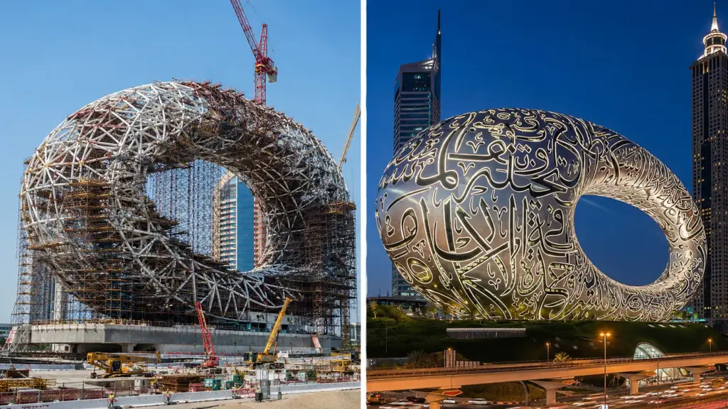 Dubai ergue anel metálico de 77 metros com vazio colossal no centro, cobre a fachada com 1.024 painéis produzidos por robôs e transforma o Museu do Futuro em uma das construções mais surreais do planeta